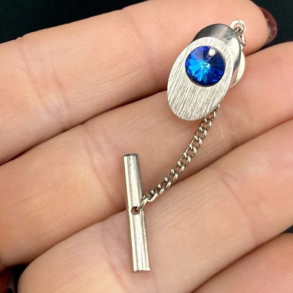 Vintage‎ Cuff Links Blue Rhinestone Silver Tone